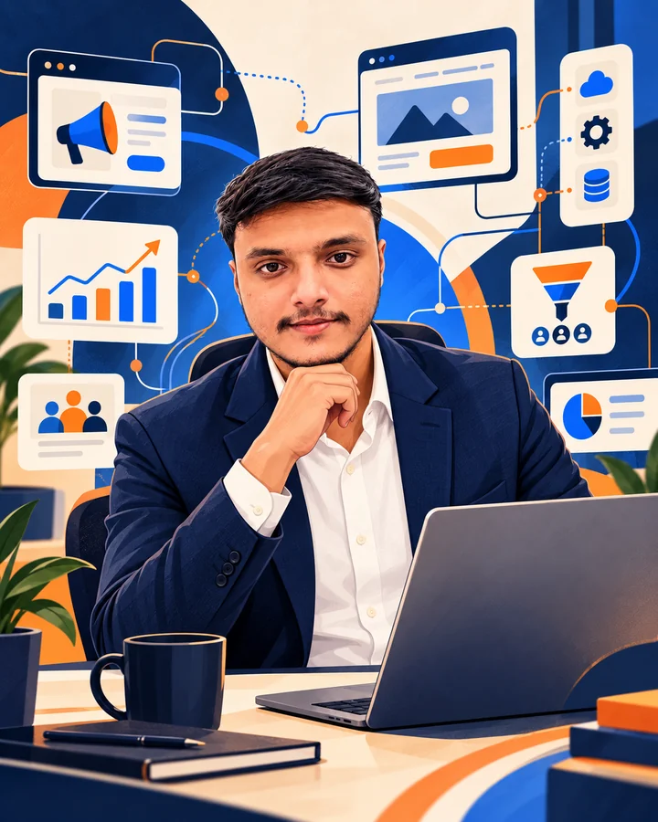 Priyank Patel with advertising, website and analytics illustrations